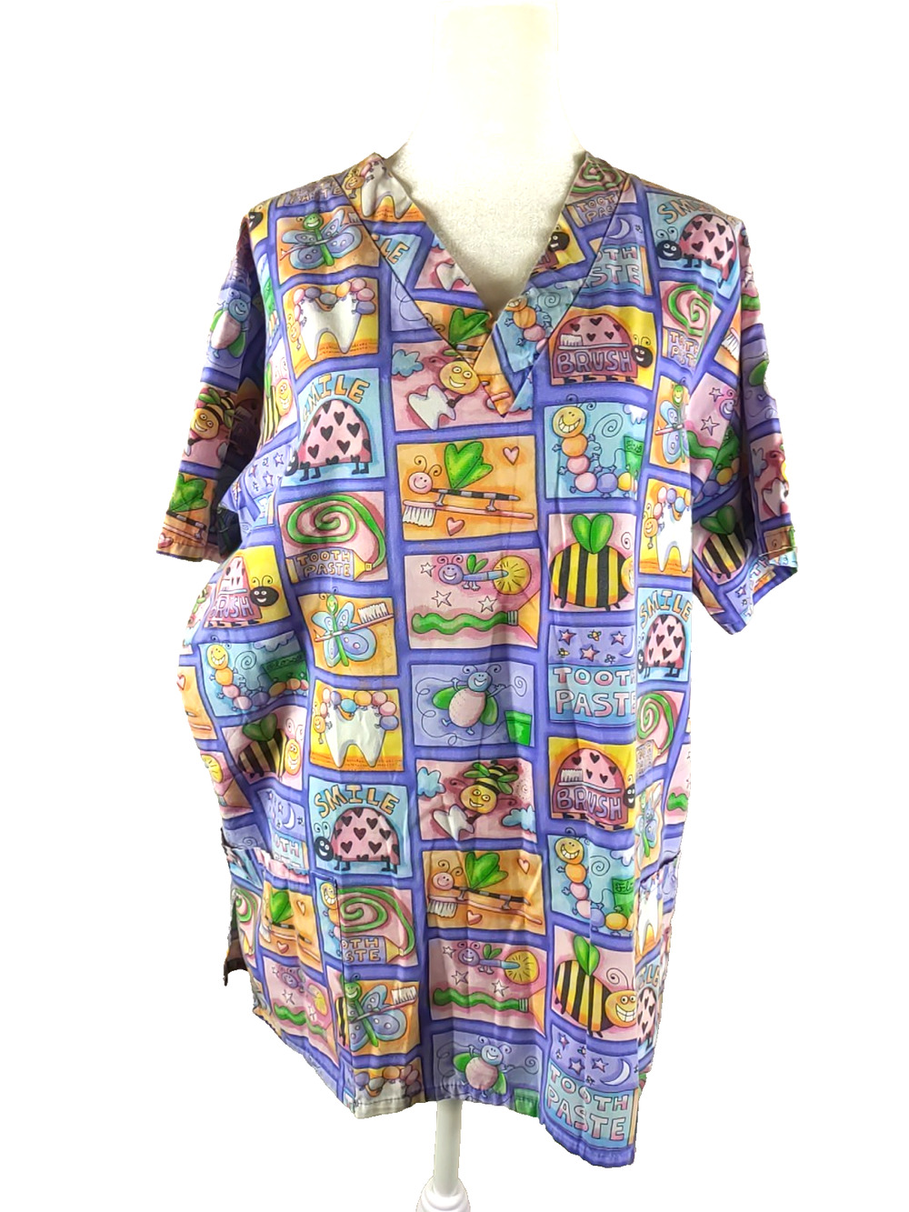 Lydia's Pro Soft Women's Scrub Top Size Large Bee's Teeth Dentist Toothpaste
